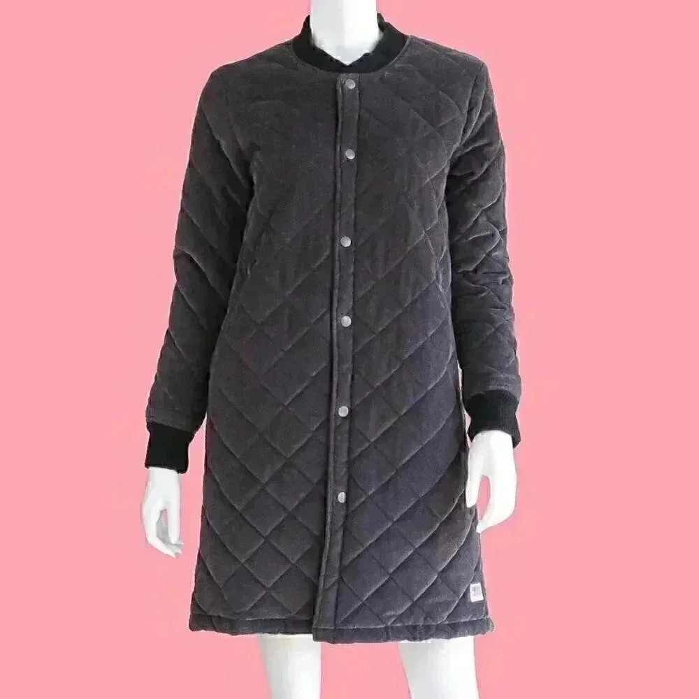 Dark Grey Corduroy Quilted Long Coat Size‎ Small Long Bomber Jacket Jean Jacket